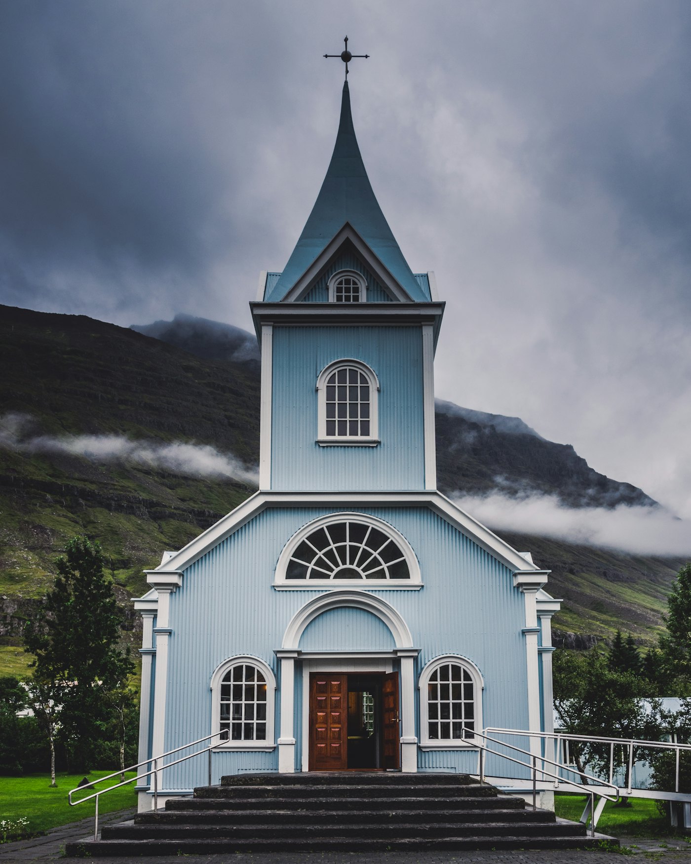 White church exterior against a blue sky